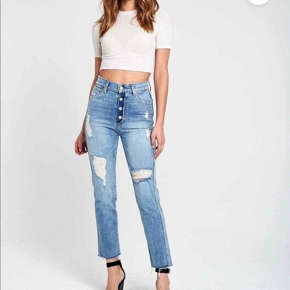 REVICE Dream Fit / Sweet Monday Wash Exposed Button Flap Ripped Jeans Womens 26 - Picture 1 of 8